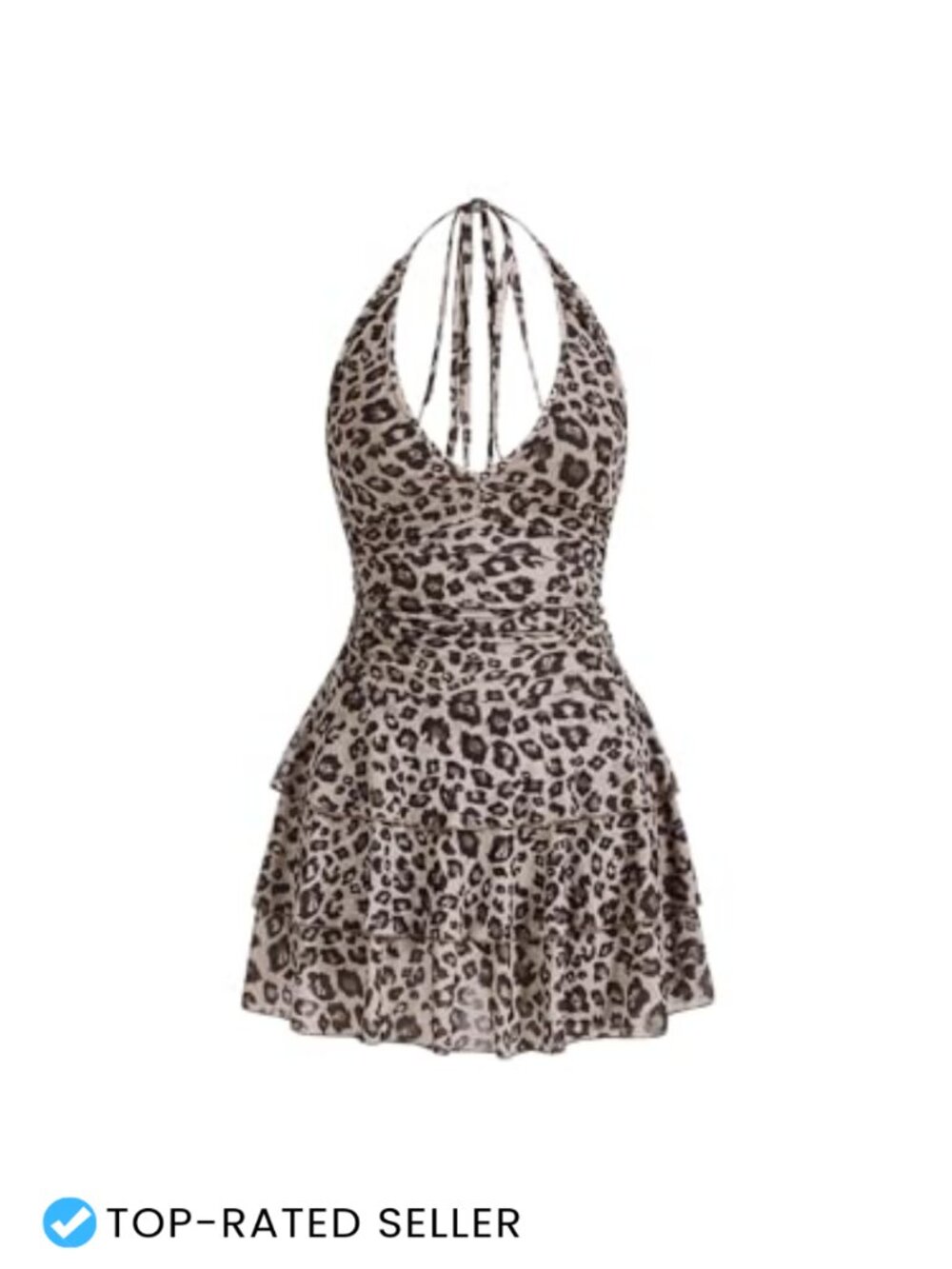 Women's Leopard Print Halter Mini Dress Ruched Backless Tiered Mesh Ruffle